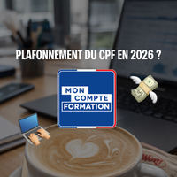 Image représentant un bureau avec un emoji ordinateur et une liasse de billet pour représenter le financement d'une formation en ligne.