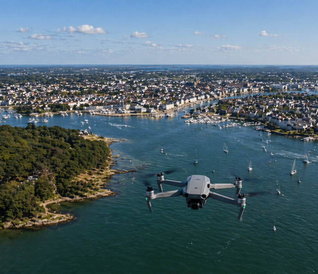 Drone en vol au-dessus du littoral de Vannes dans le Morbihan en Bretagne